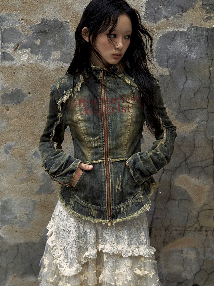 Veste de corset en jean en détresse