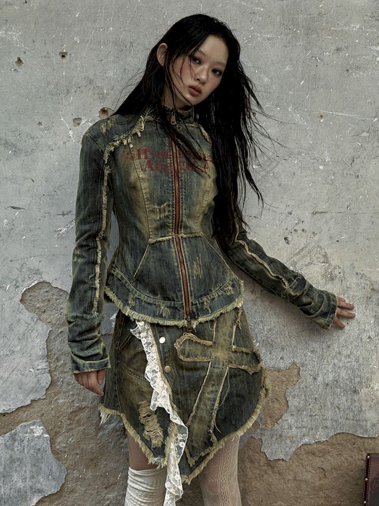 Veste de corset en jean en détresse