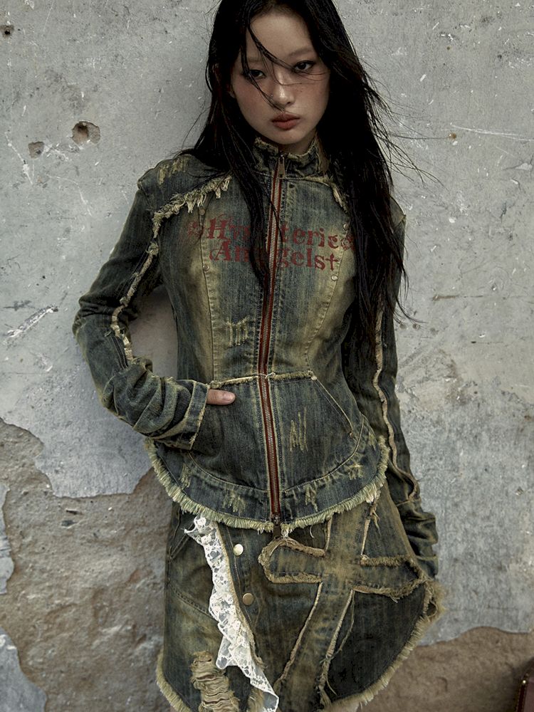 Veste de corset en jean en détresse