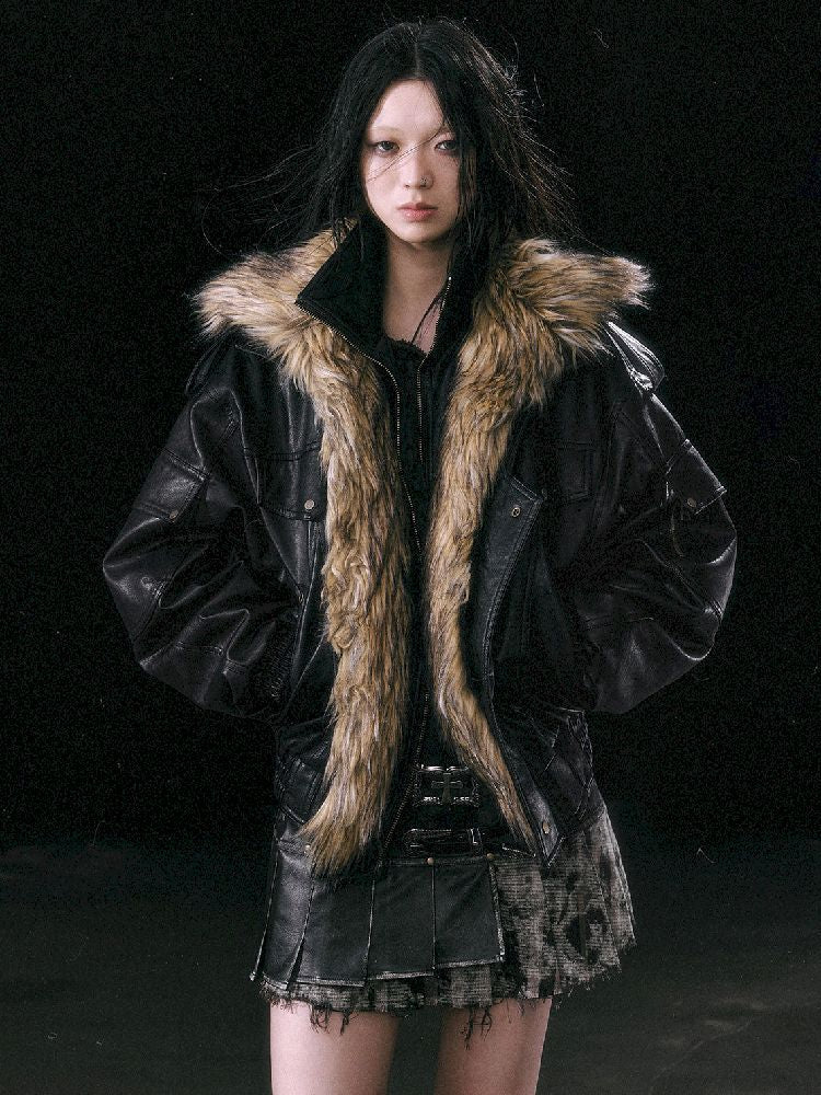 Removable Faux Fur Leather Biker Jacket