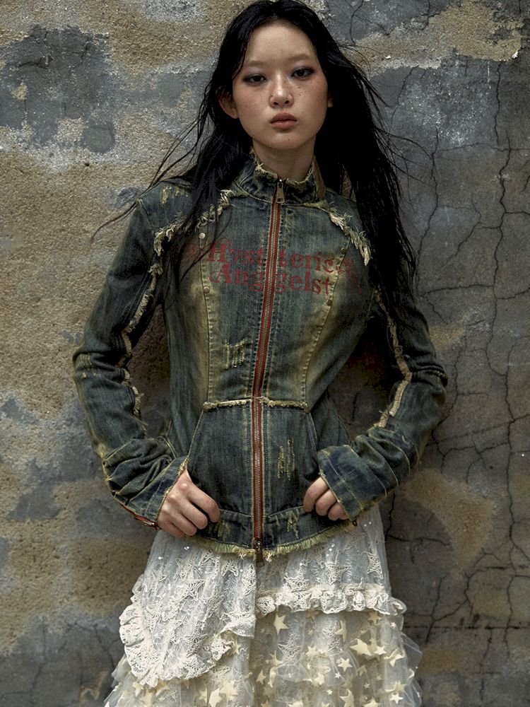 Veste de corset en jean en détresse