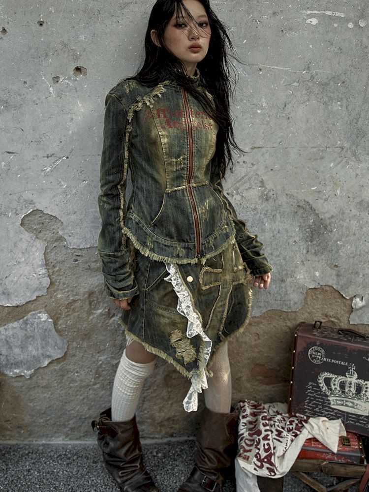Veste de corset en jean en détresse