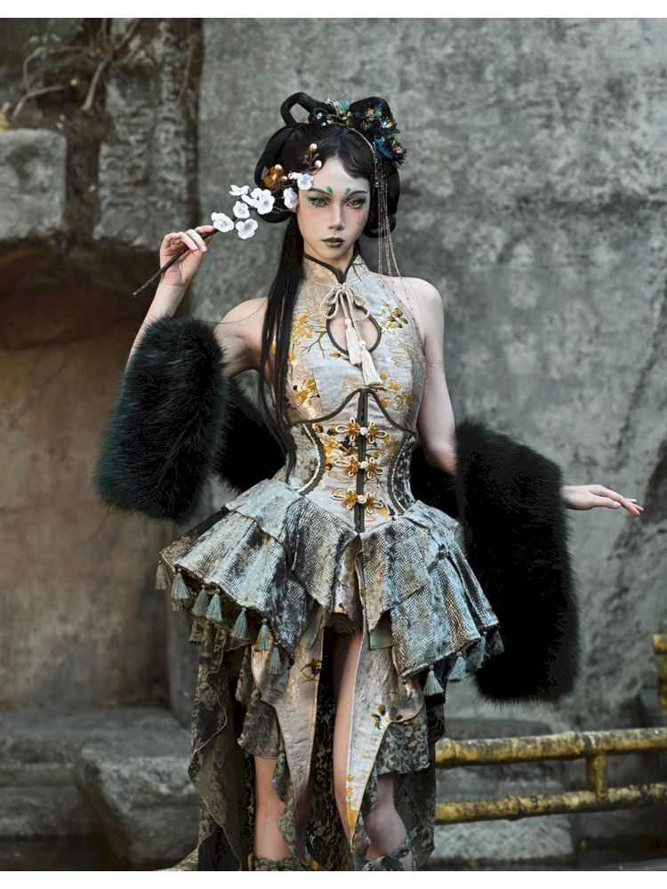 Golden Floral Brocade Corset - Ivory Victorian Lace Bustier