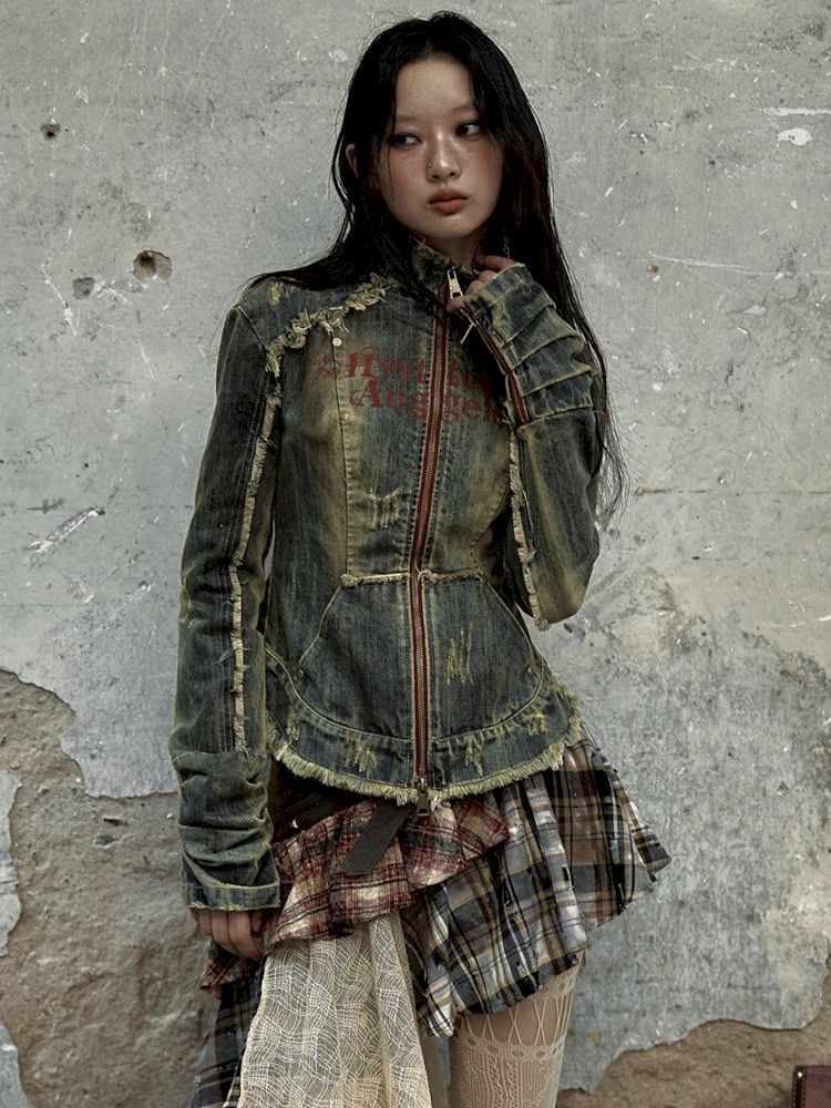 Veste de corset en jean en détresse