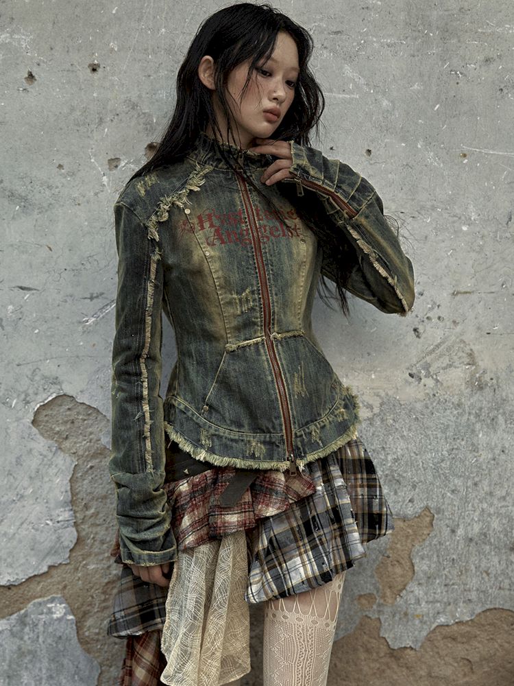 Veste de corset en jean en détresse