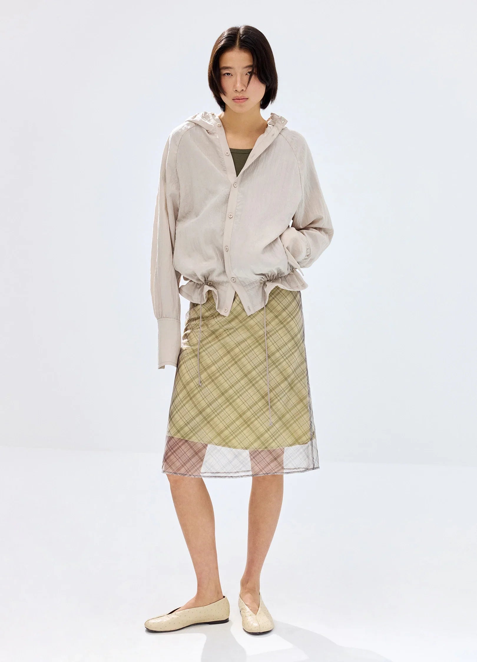 Pleated-Hood Drawstring Shirt