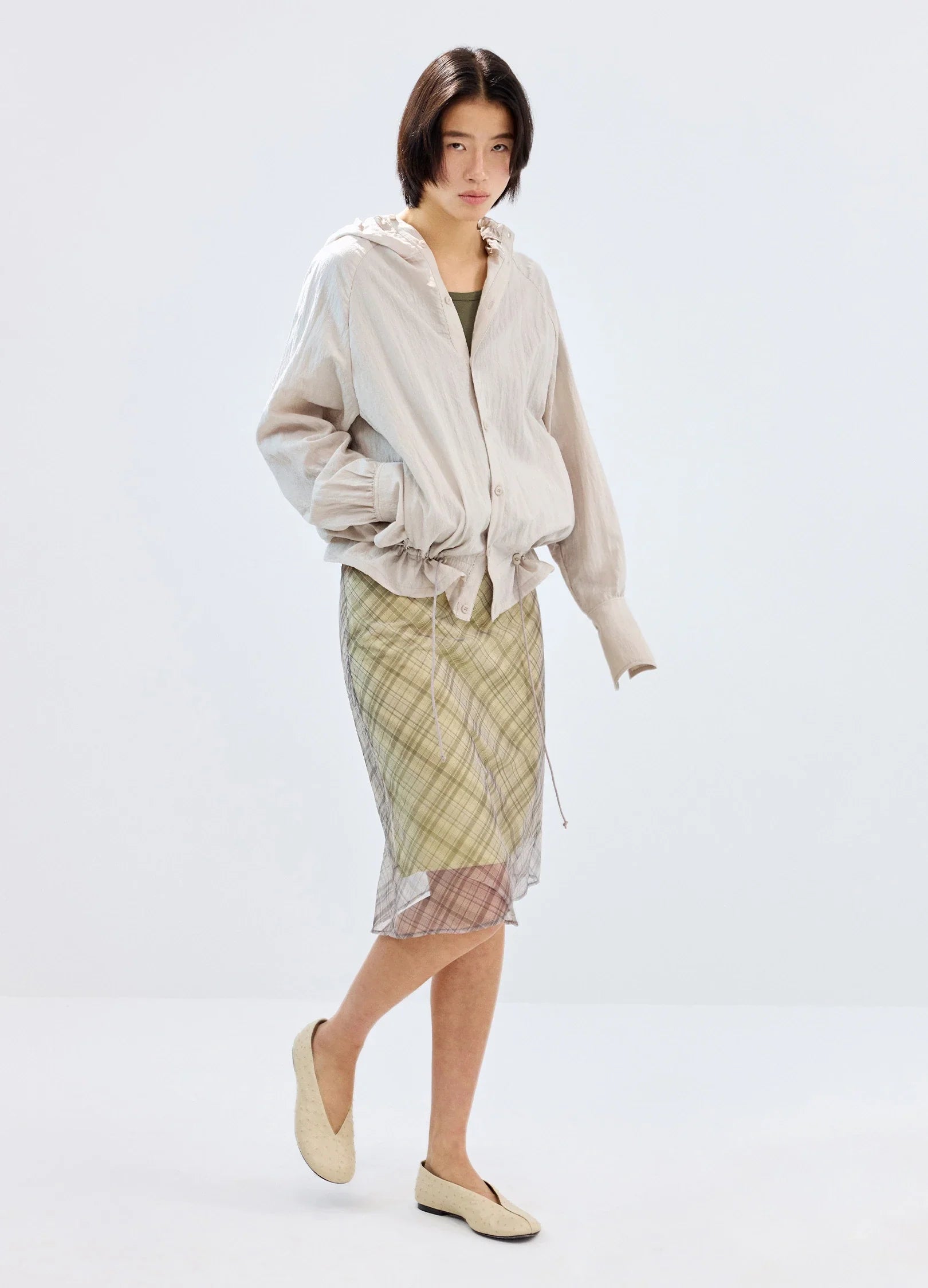 Pleated-Hood Drawstring Shirt