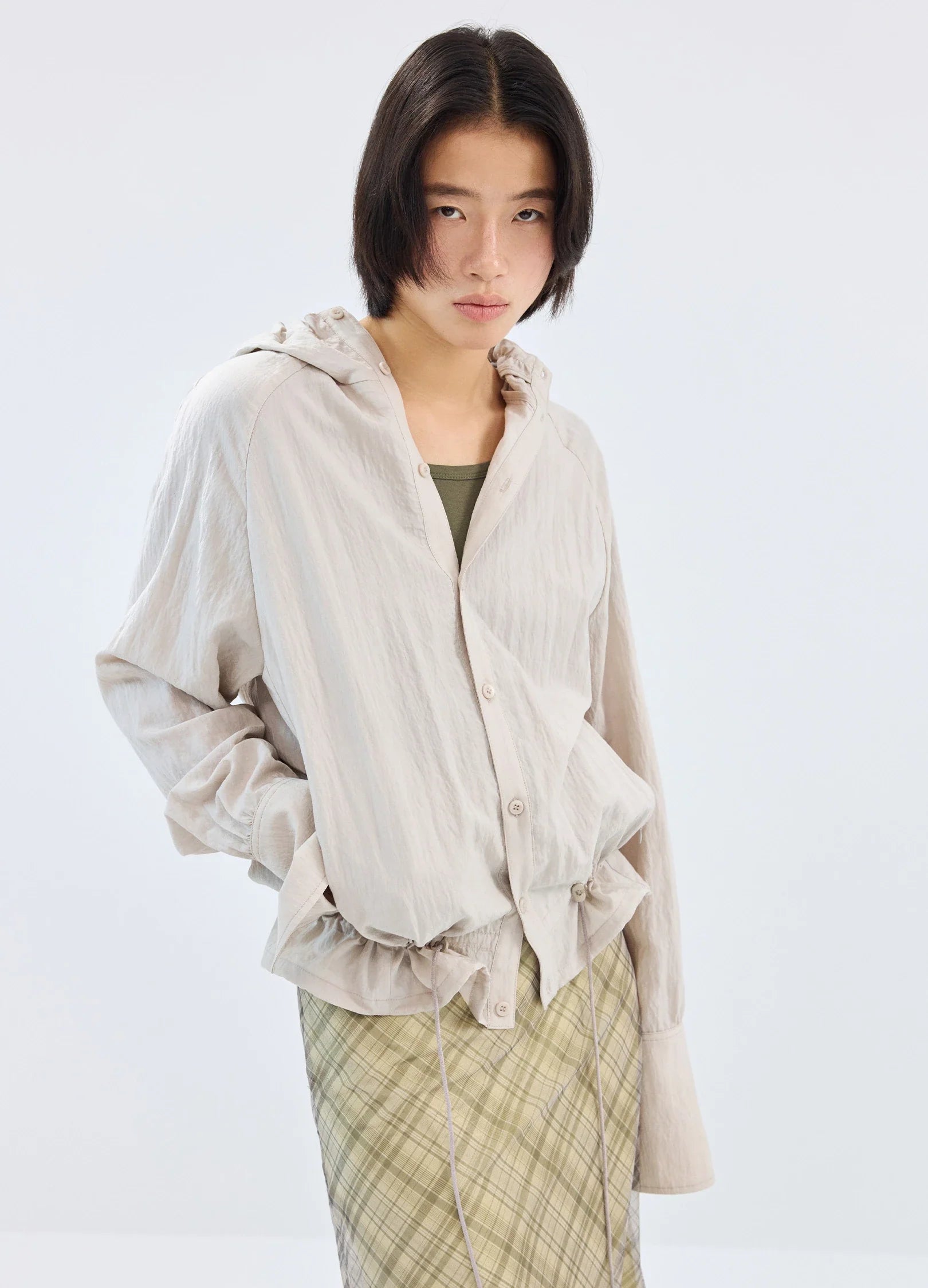 Pleated-Hood Drawstring Shirt