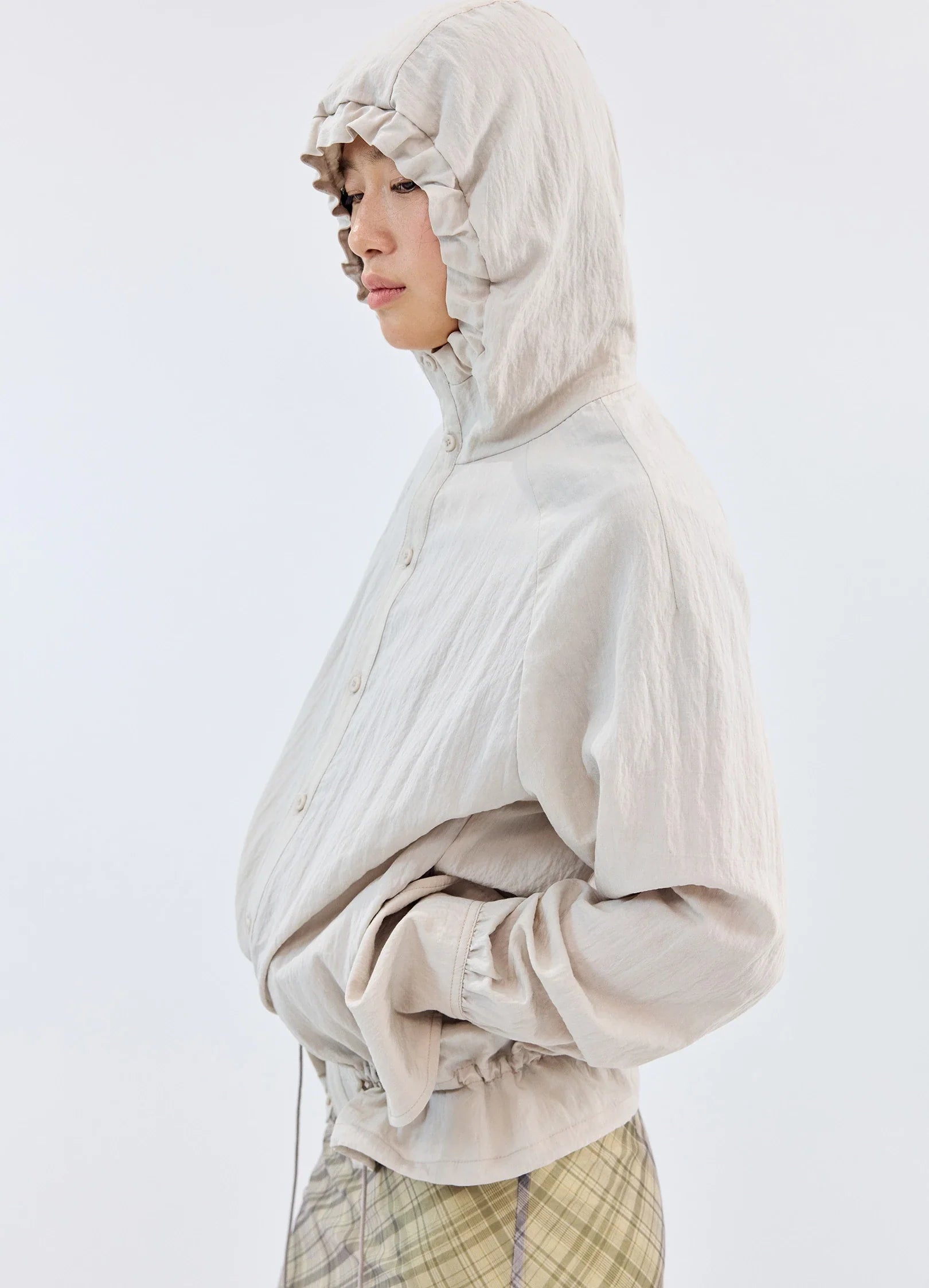 Pleated-Hood Drawstring Shirt