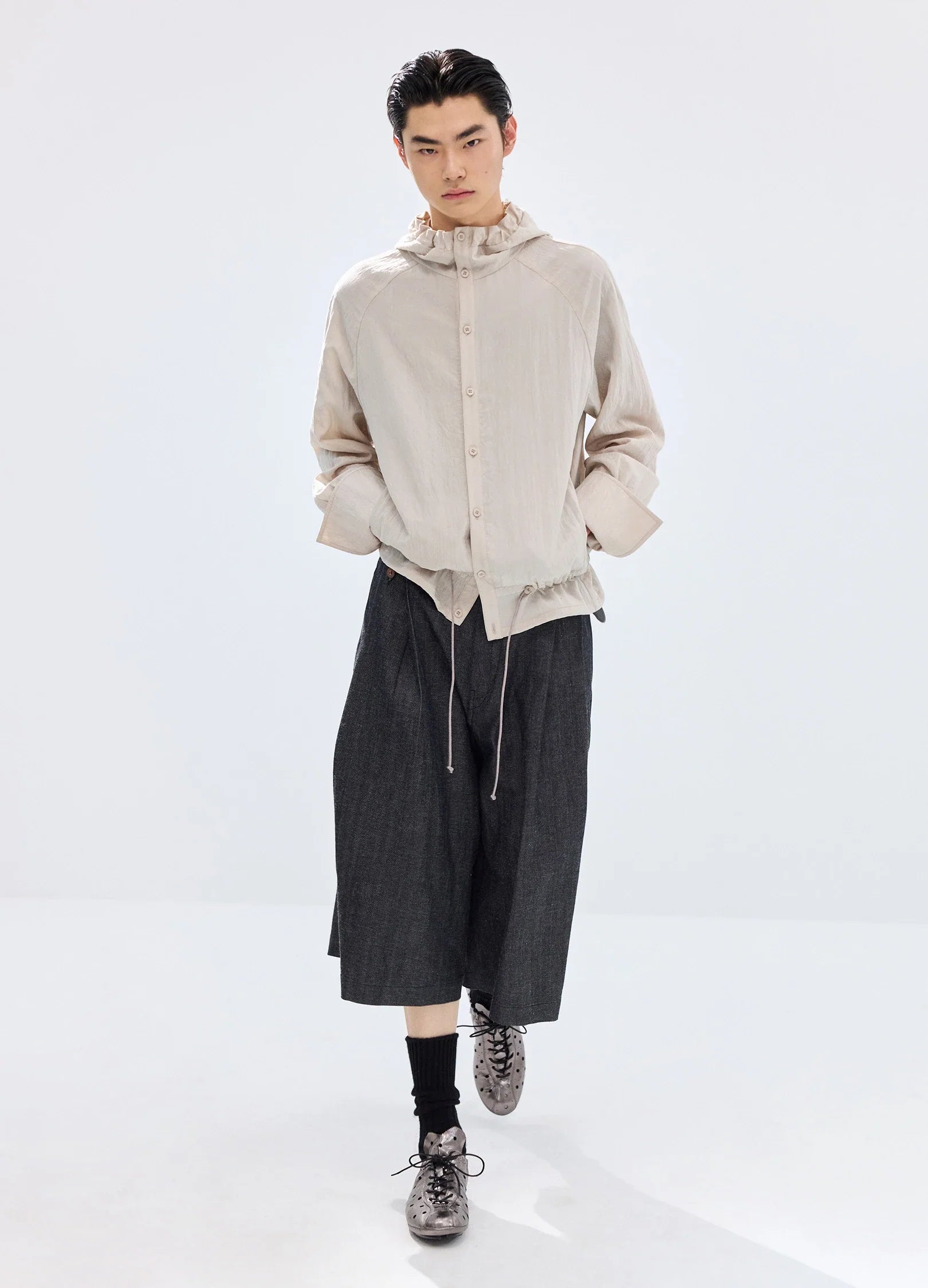 Pleated-Hood Drawstring Shirt
