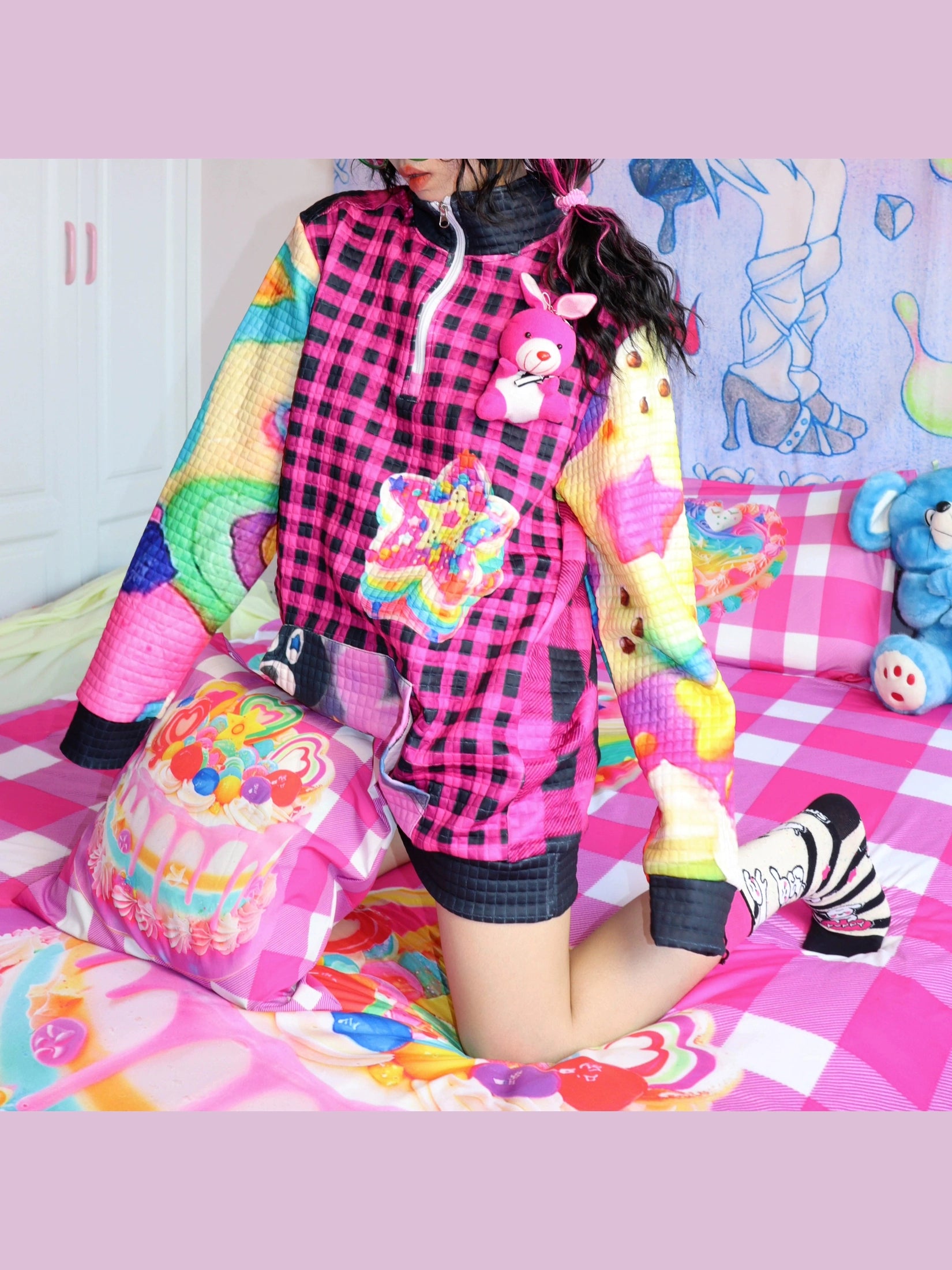 Rainbow Plaid Quilted Zip Jacket