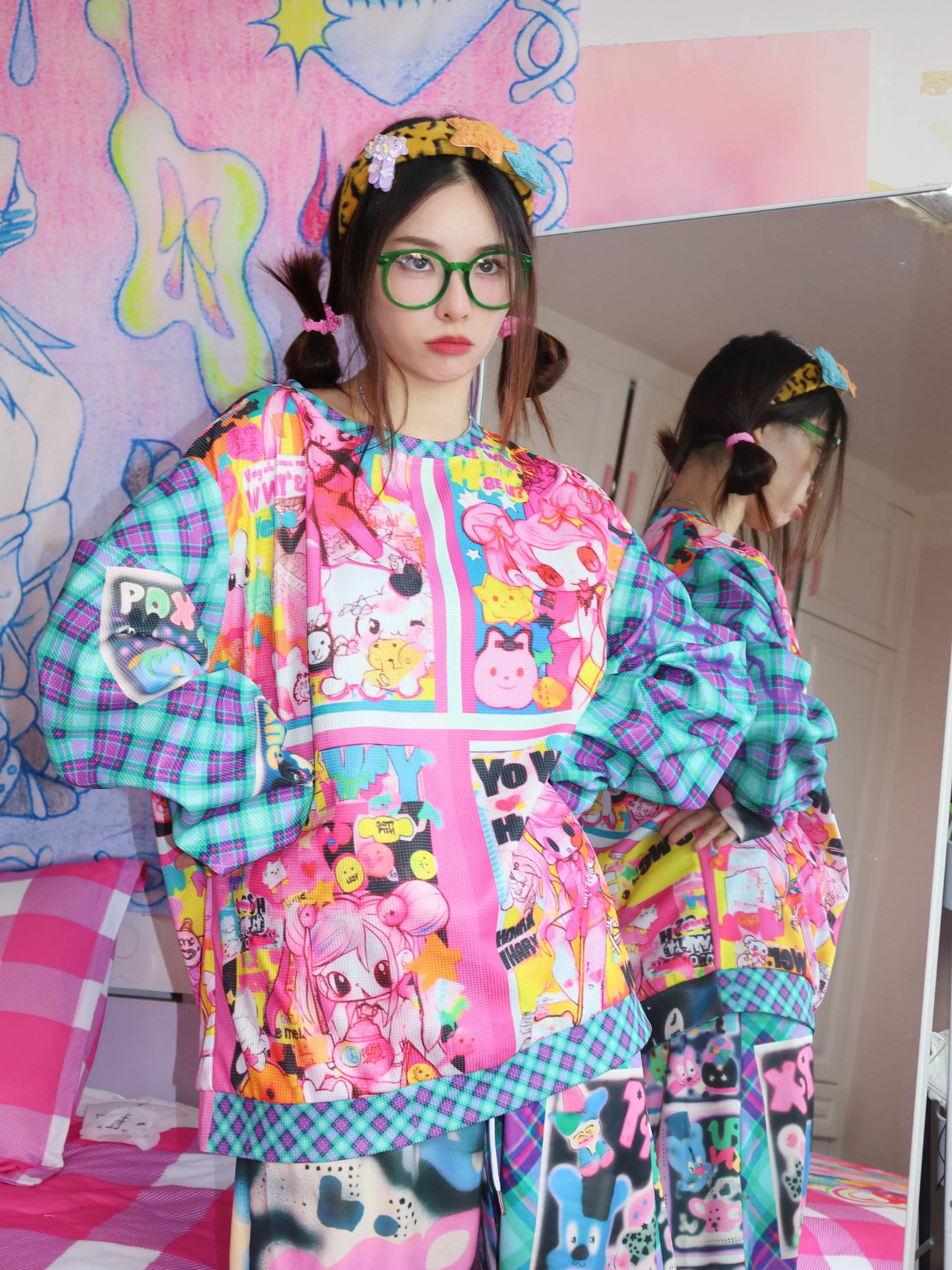 Kawaii Plaid Print Oversized Sweater