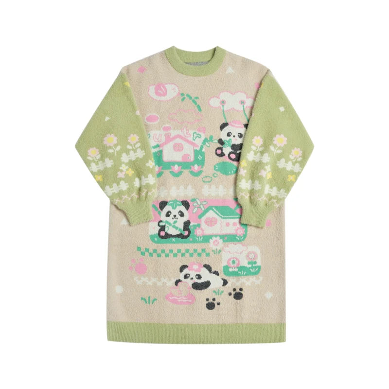Spring Panda Garden Sweater Dress