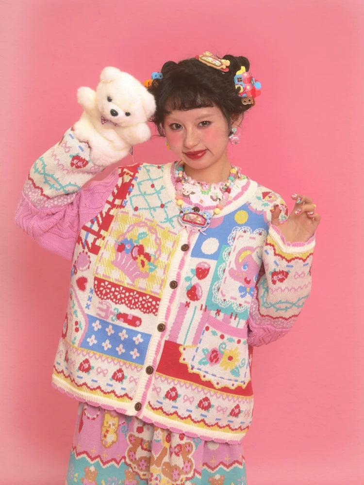 Patchwork Fantasy Pink Knit Cardigan