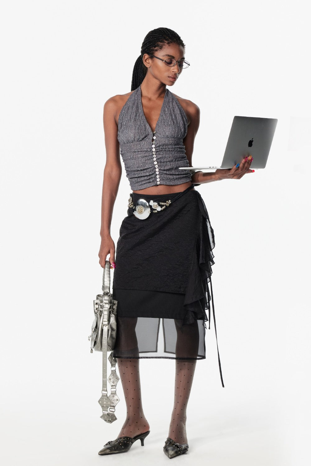 Black Layered Mesh Ruffle Skirt
