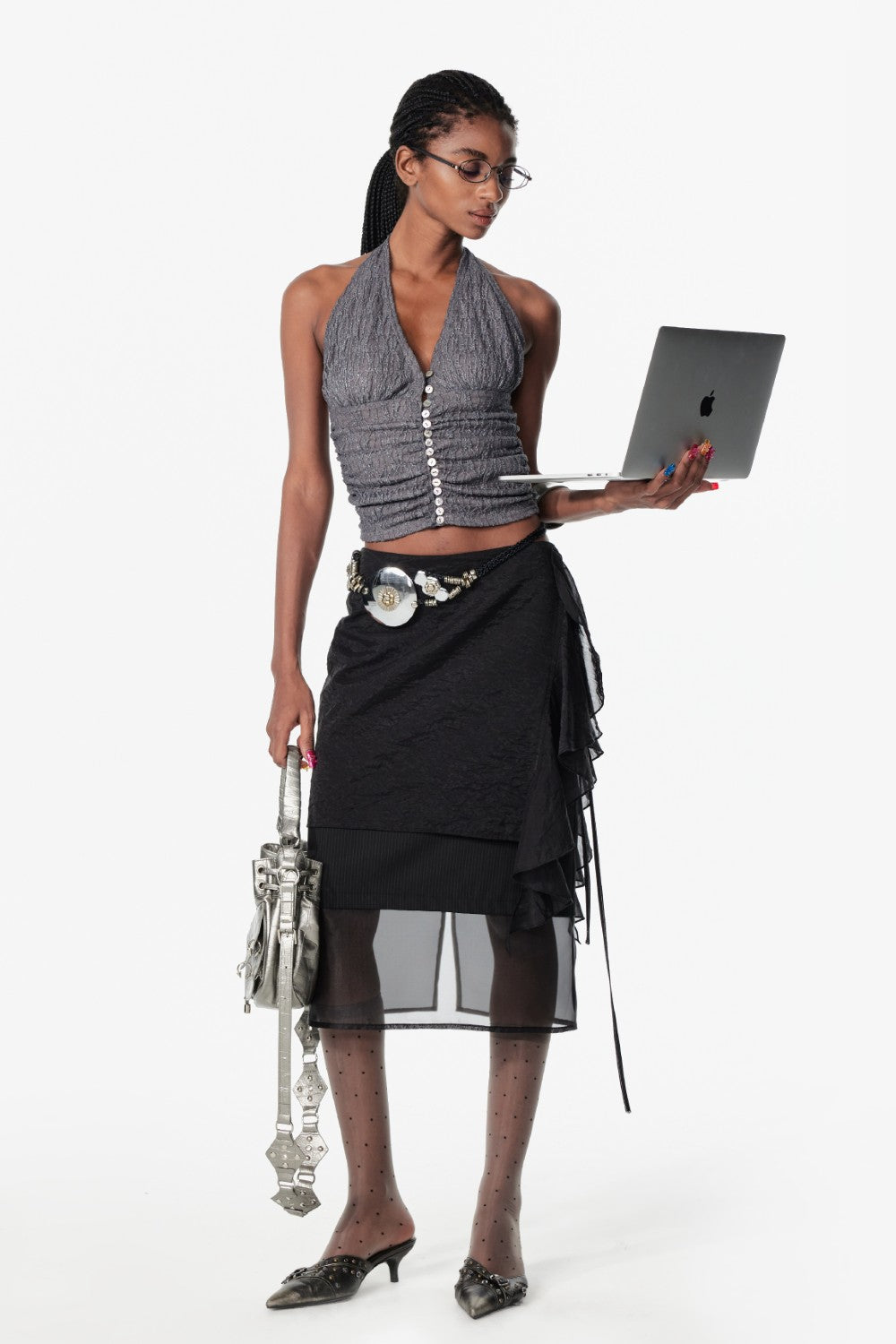 Ruched Halter Button Top