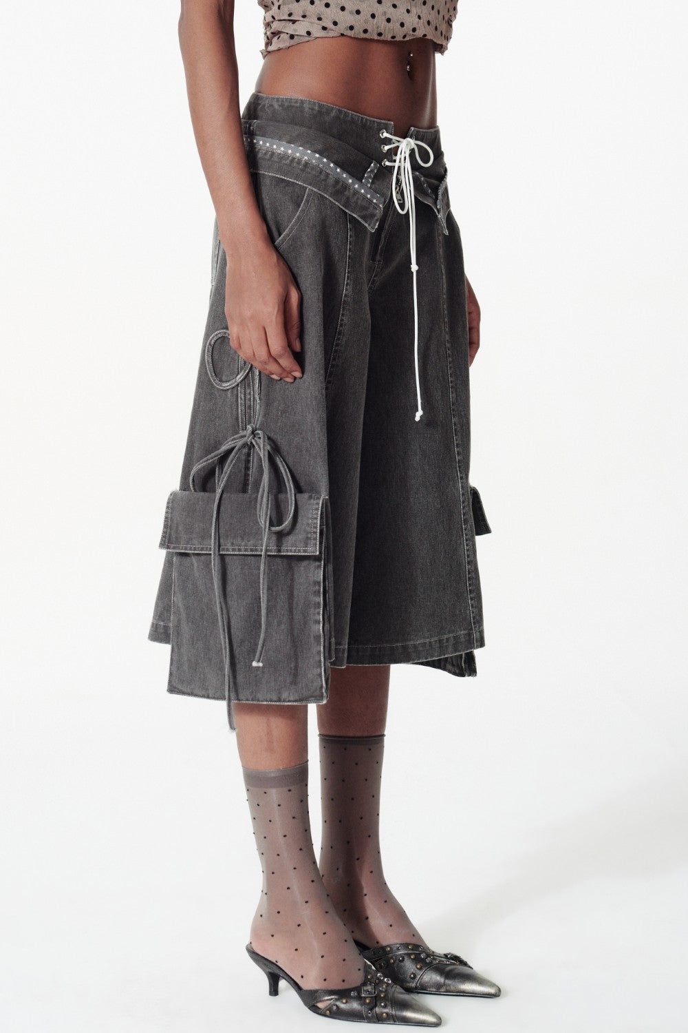 Wide Leg Cargo Capri Shorts with Side Ties