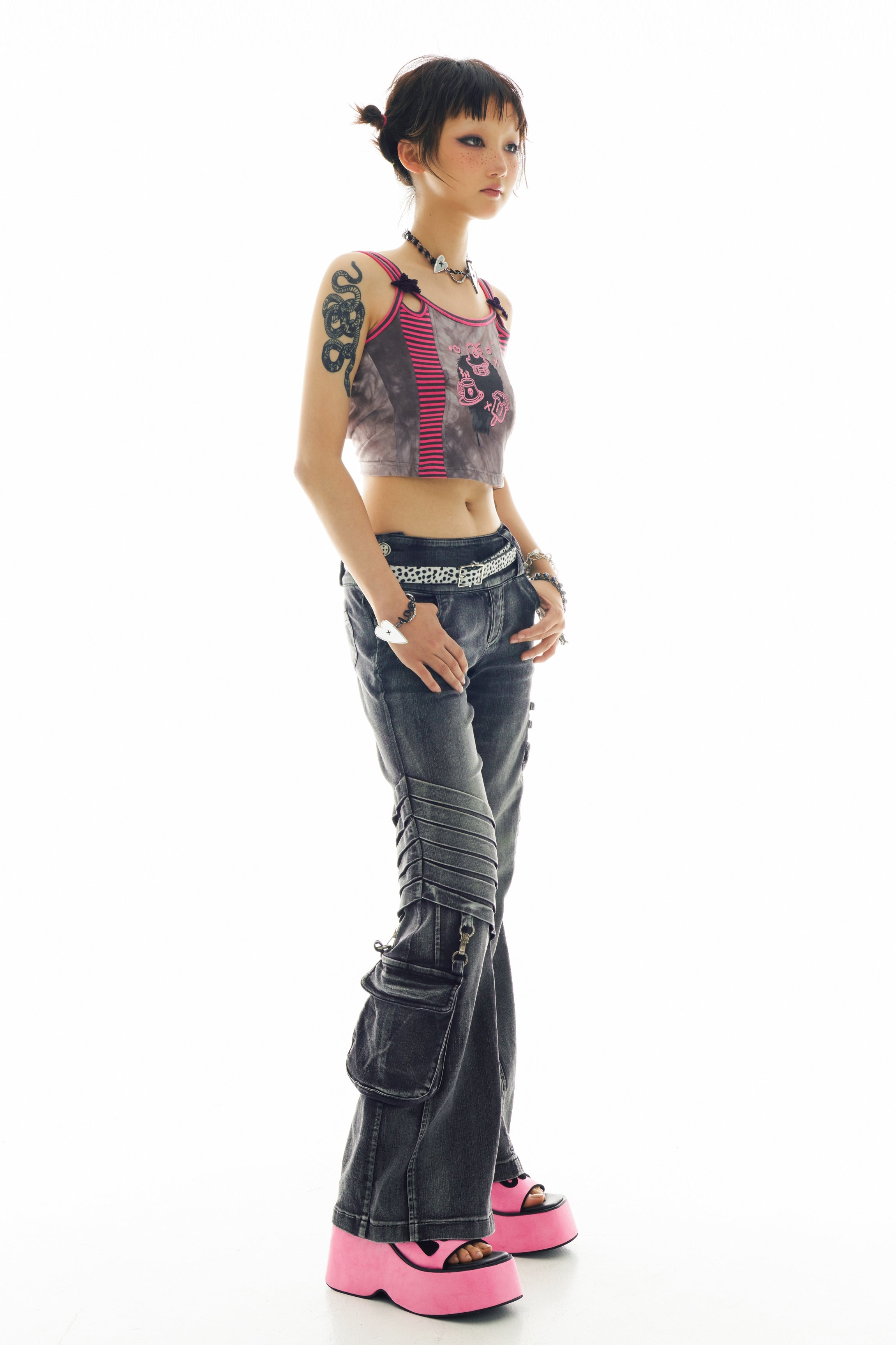 Distressed Flare Jeans with Moto-style Stitching
