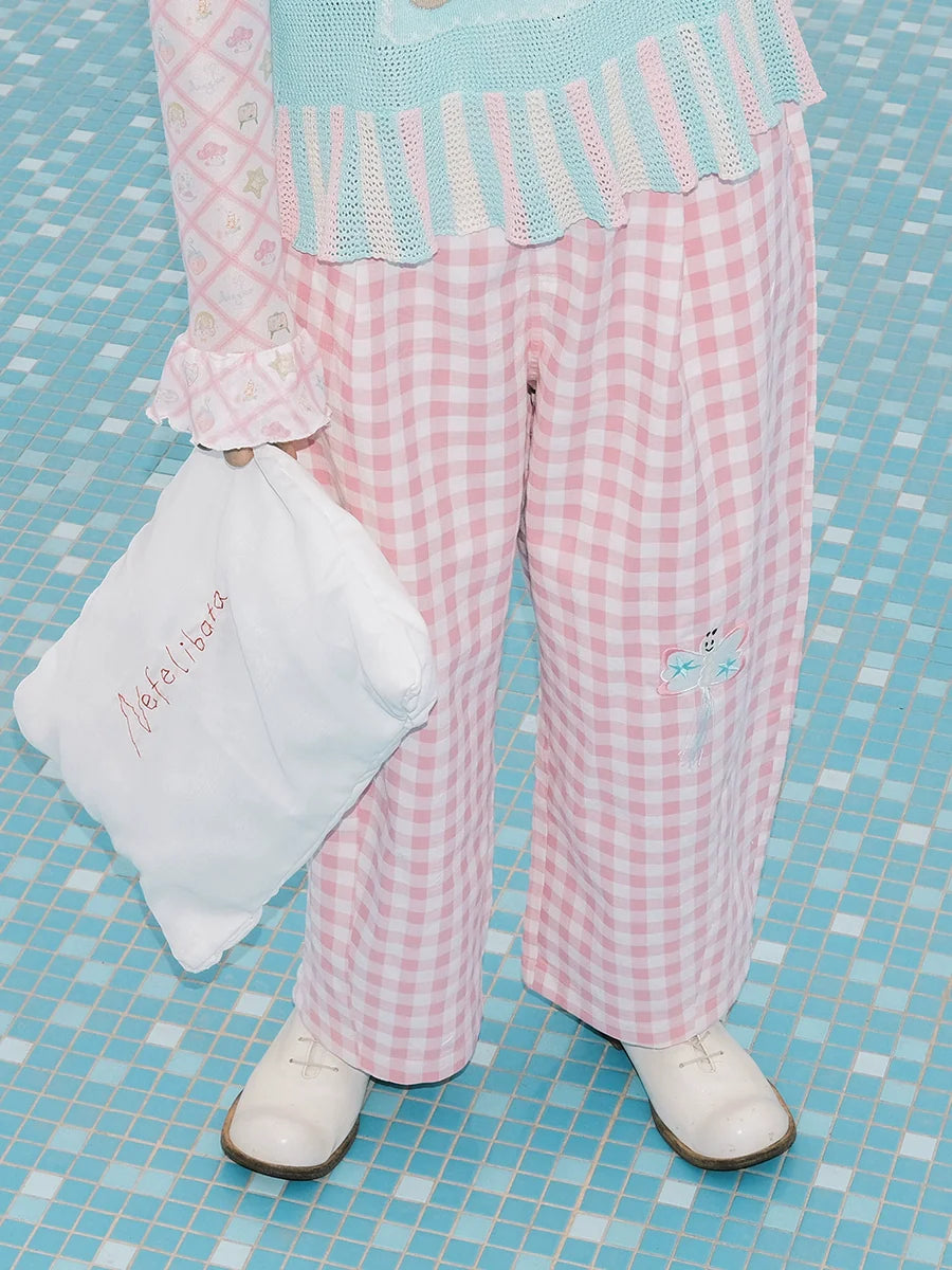 Pink Gingham Ghost Embroidered Wide Leg Pants