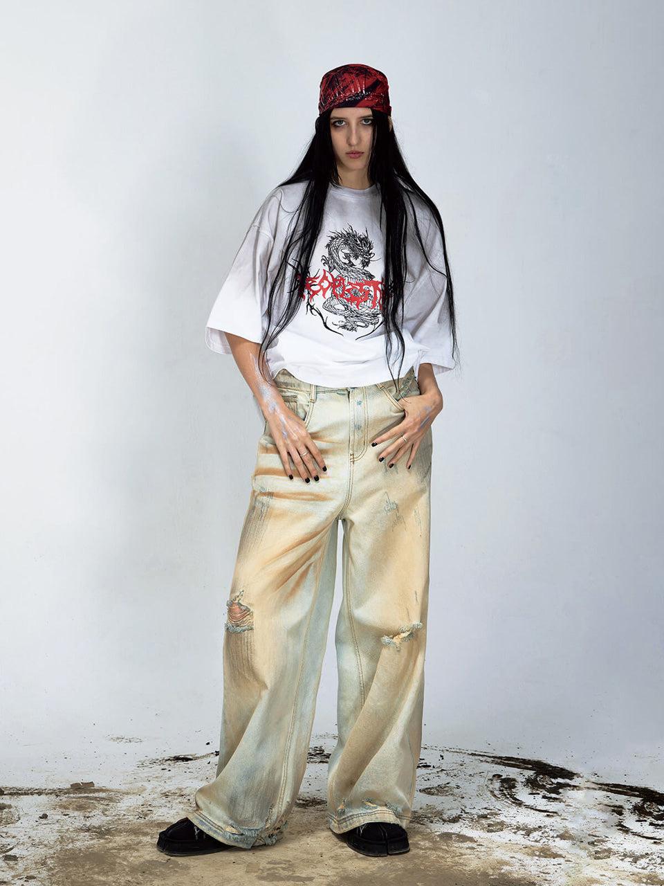 Vintage Wash Destroyed Baggy Jeans