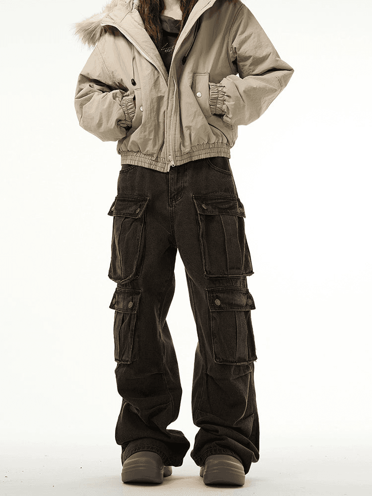 Heavy-Duty Multi-Pocket Workwear Cargo Jeans - chiclara