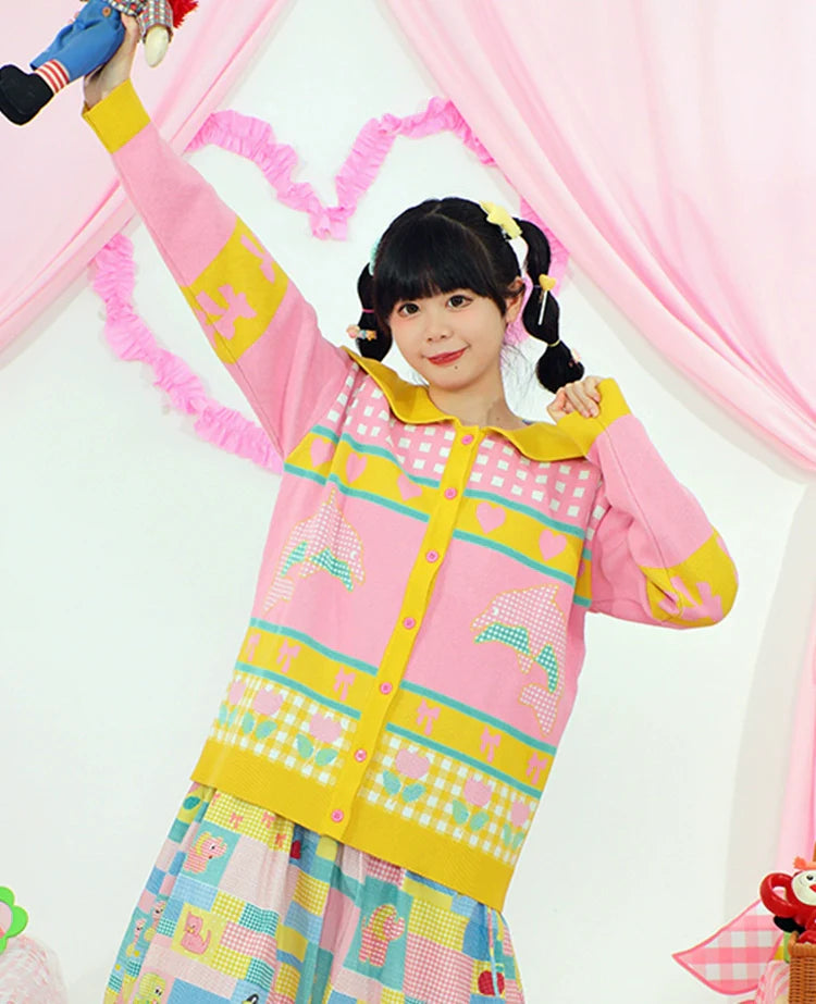 Pink Yellow Dolphin Pattern Knit Cardigan