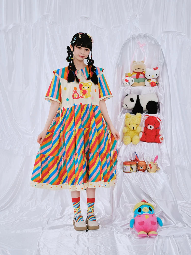 Rainbow Stripe Teddy Bear Party Dress