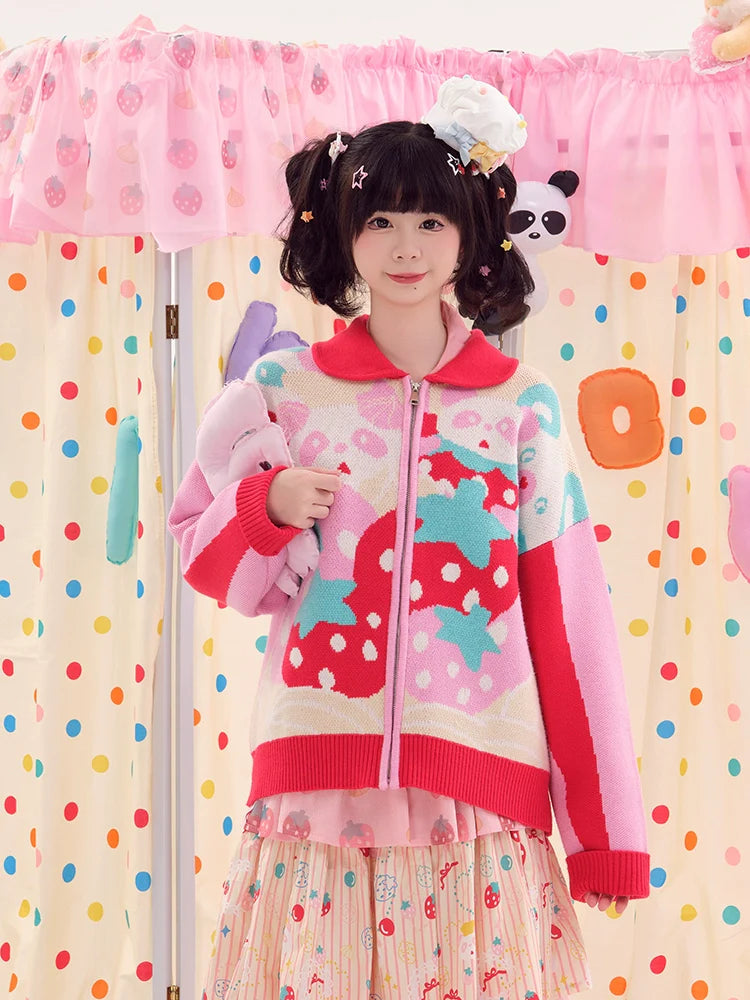 Strawberry Print Zip-Up Jacket with Peter Pan Collar