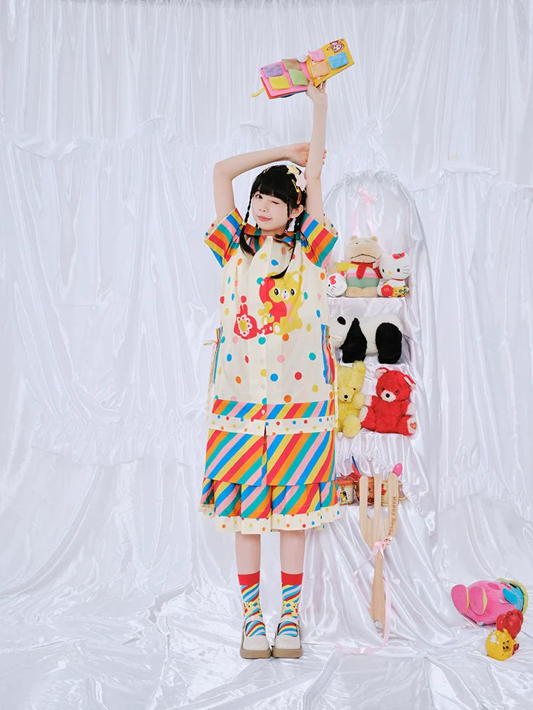 Rainbow Stripe Bear Polka Dot Dress