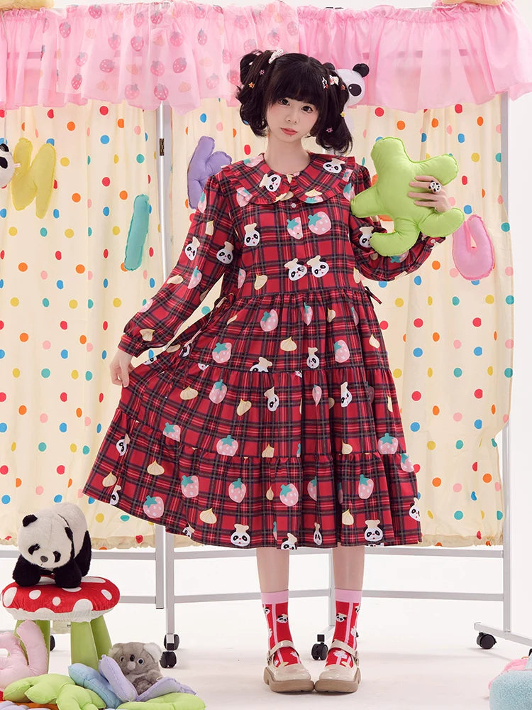 Plaid Panda Print Collared Lolita Dress