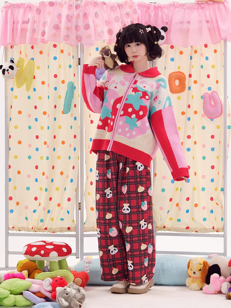 Plaid Panda Strawberry Print Pajama Pants