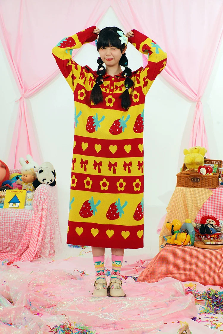 Strawberry Pattern Hooded Knit Sweater Dress