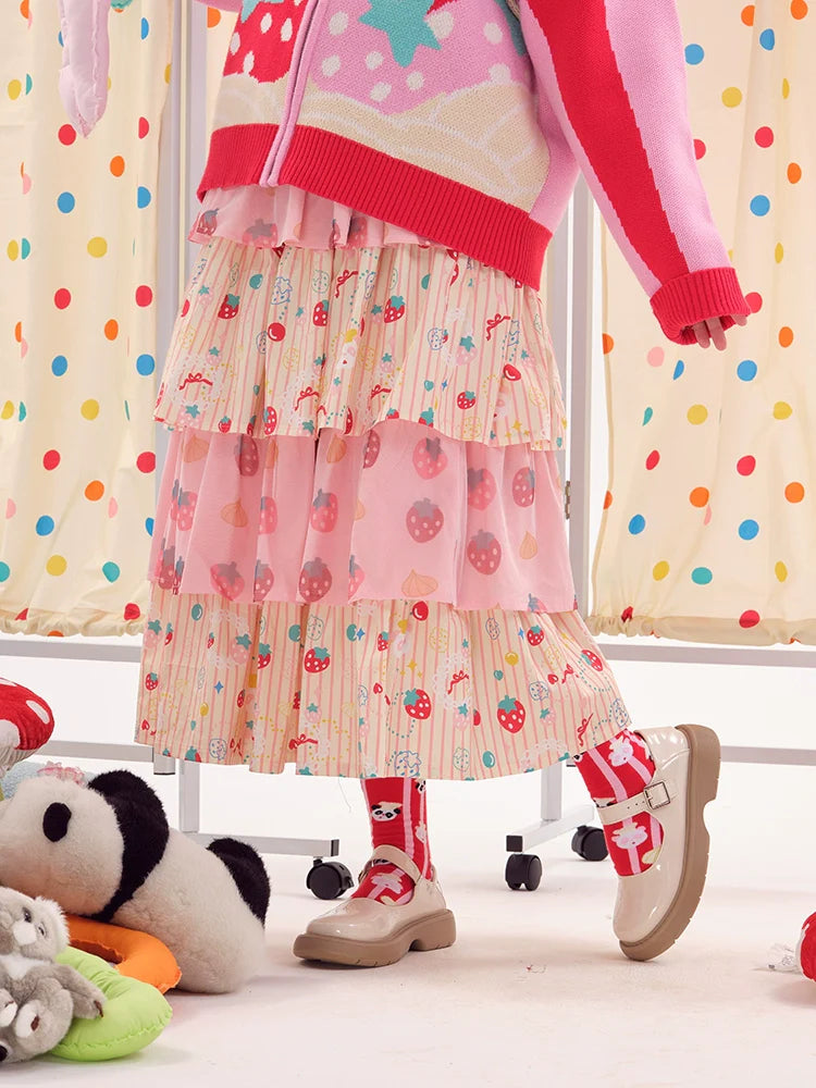 Pink Strawberry Tiered Pleated Midi Skirt