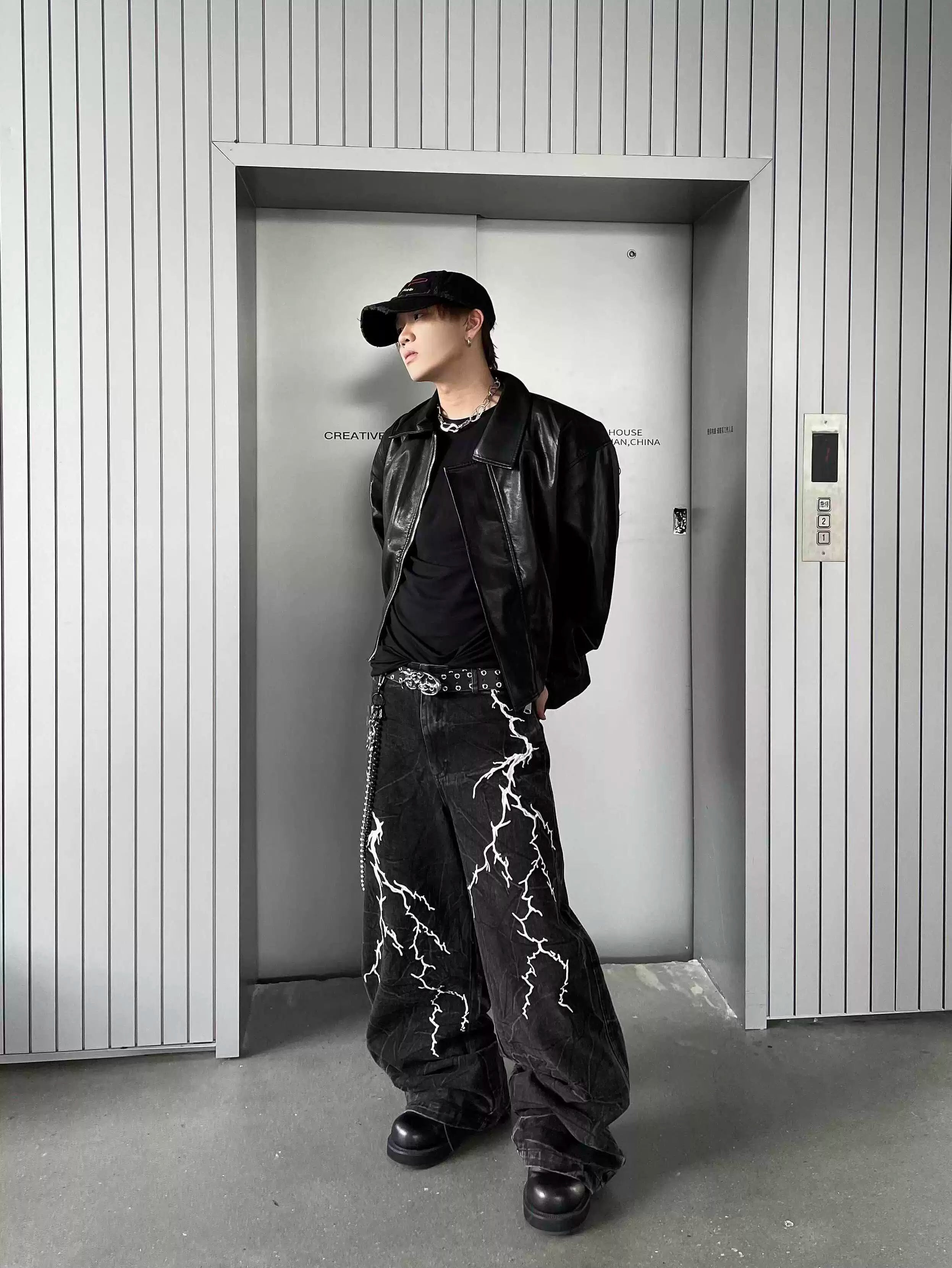 Black Lightning Print Wide-Leg Jeans