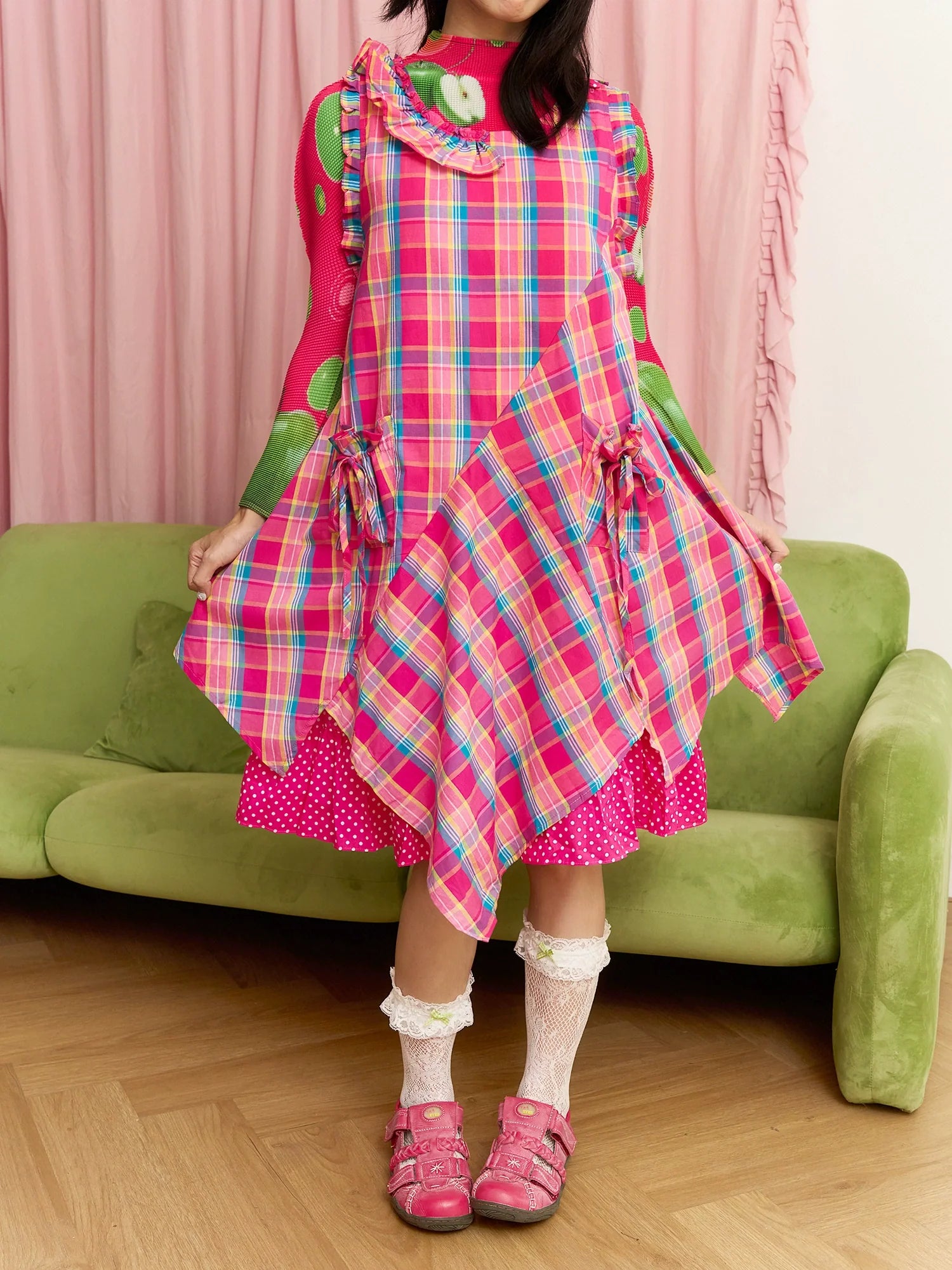 Pink Plaid Ruffle Layered Pinafore Dress