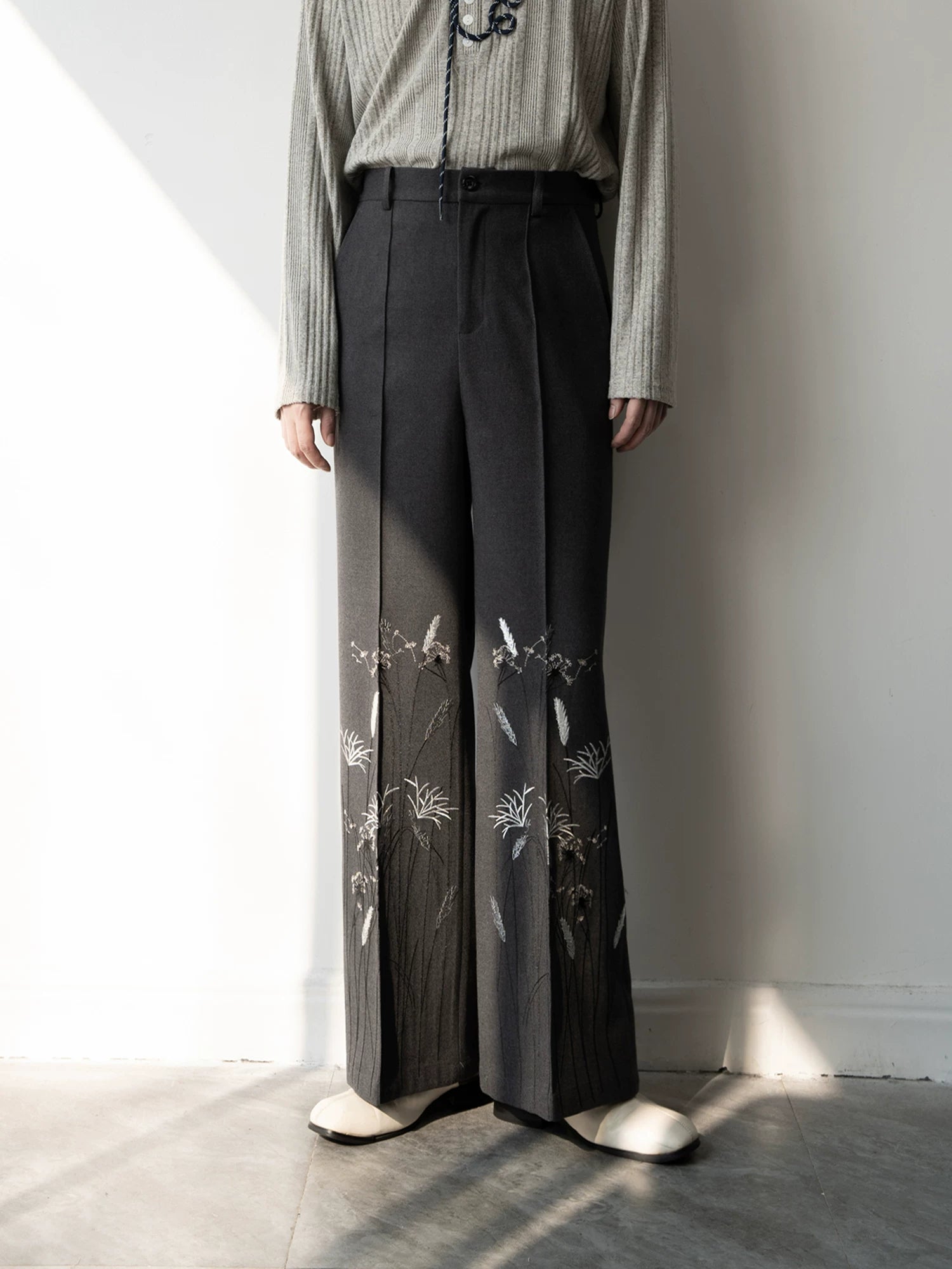 Midnight Meadow Embroidered Wool Trousers