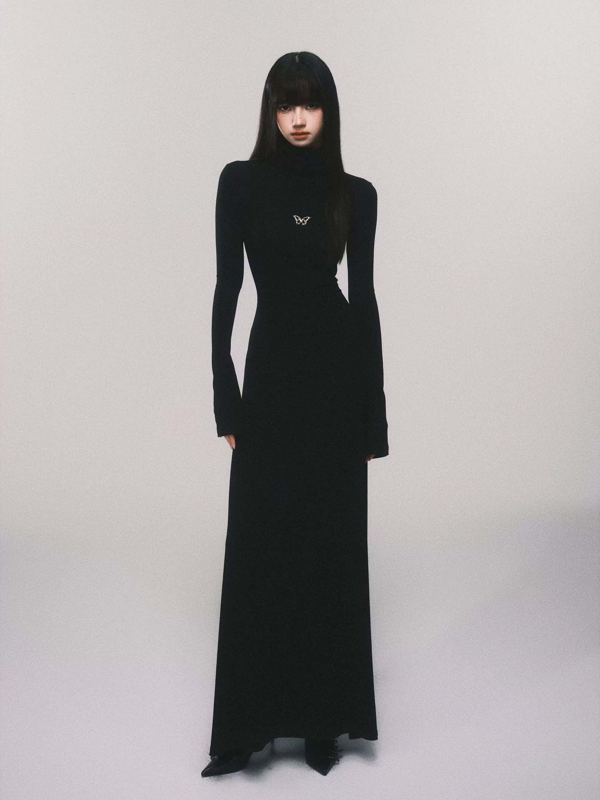 Seraphic Silhouette Butterfly Turtleneck Maxi Dress