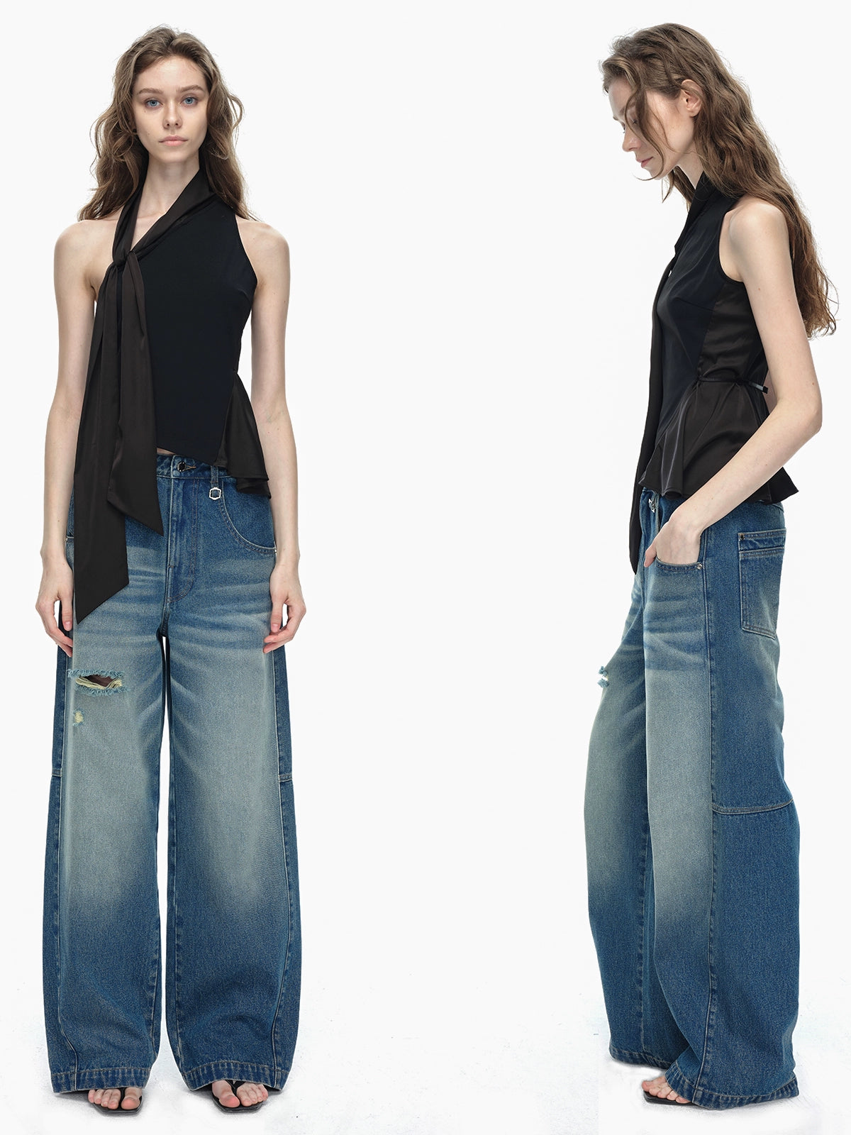 Black Asymmetrical Halter Top with Side Tie Detail