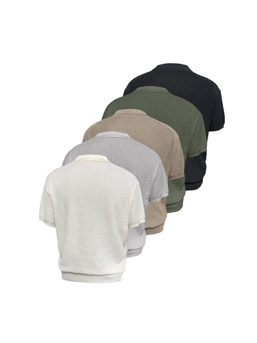 Textured Knit Open-Collar Polo Shirt