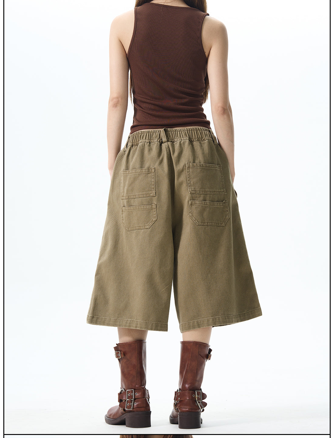 Khaki Wide-Leg Cargo Shorts