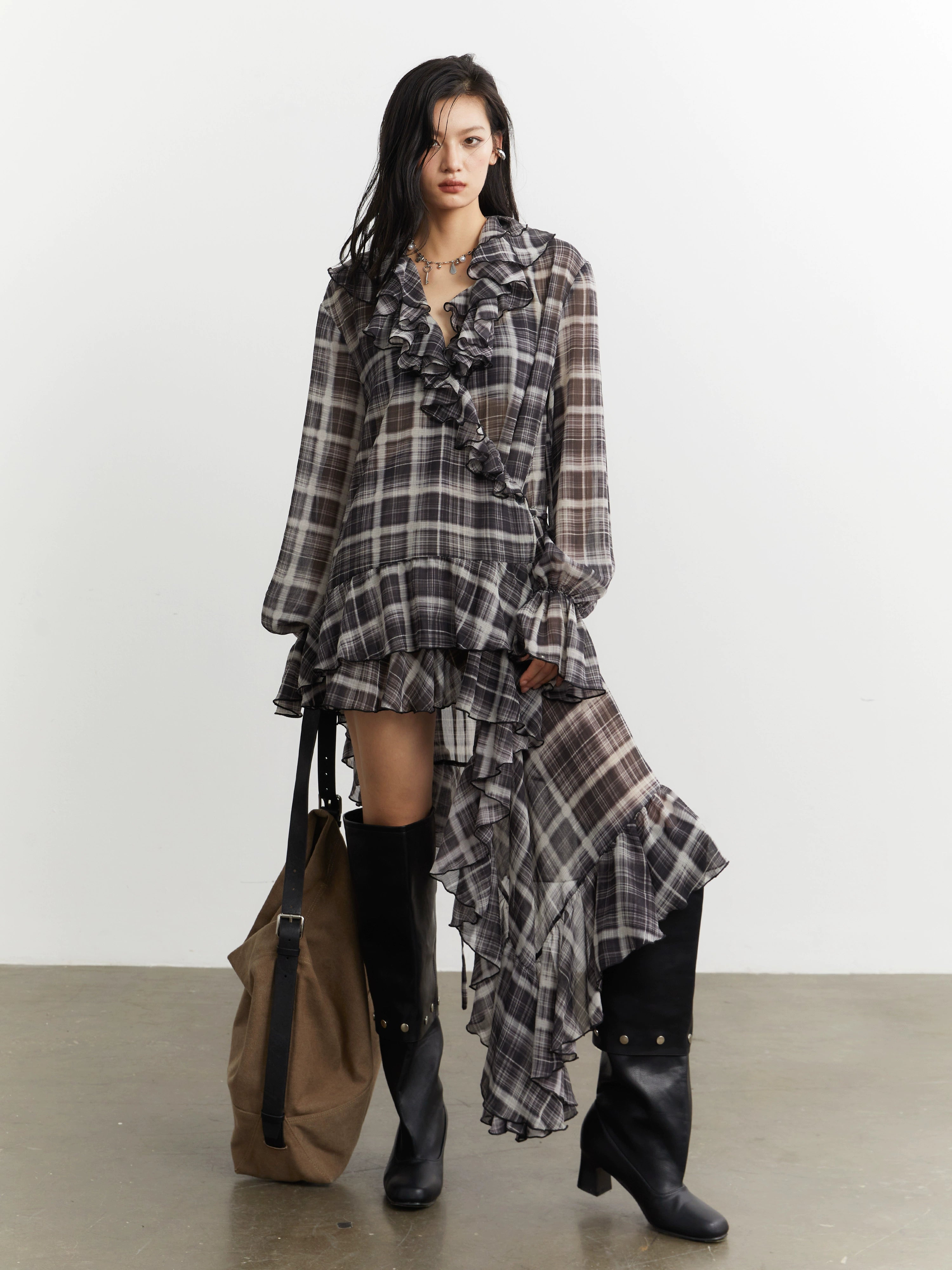 Shadow Cascade Ruffle Plaid Dress