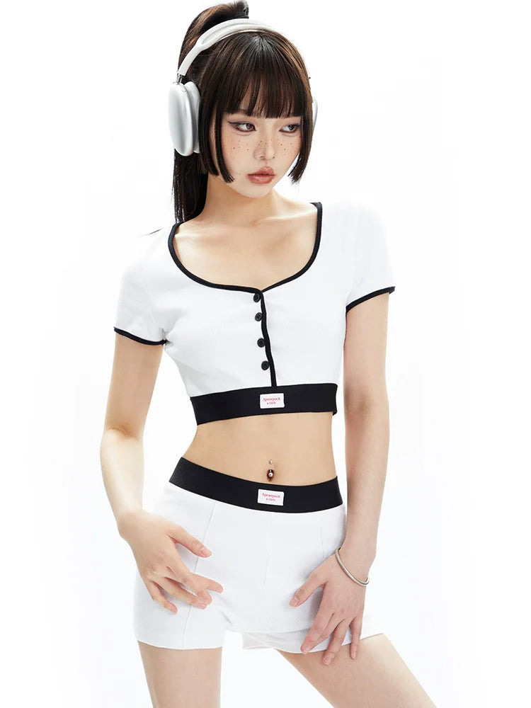 Black and White Contrast Trim Crop Top and Shorts Set