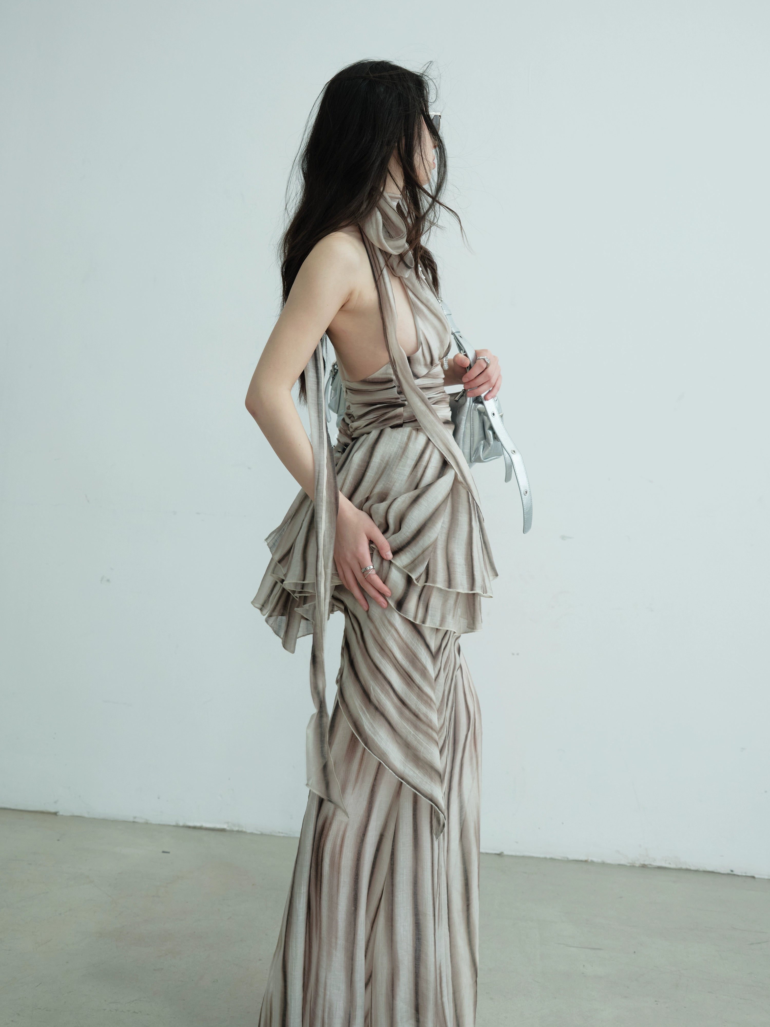 Ruched Halter Striped Two-Piece Dress Set
