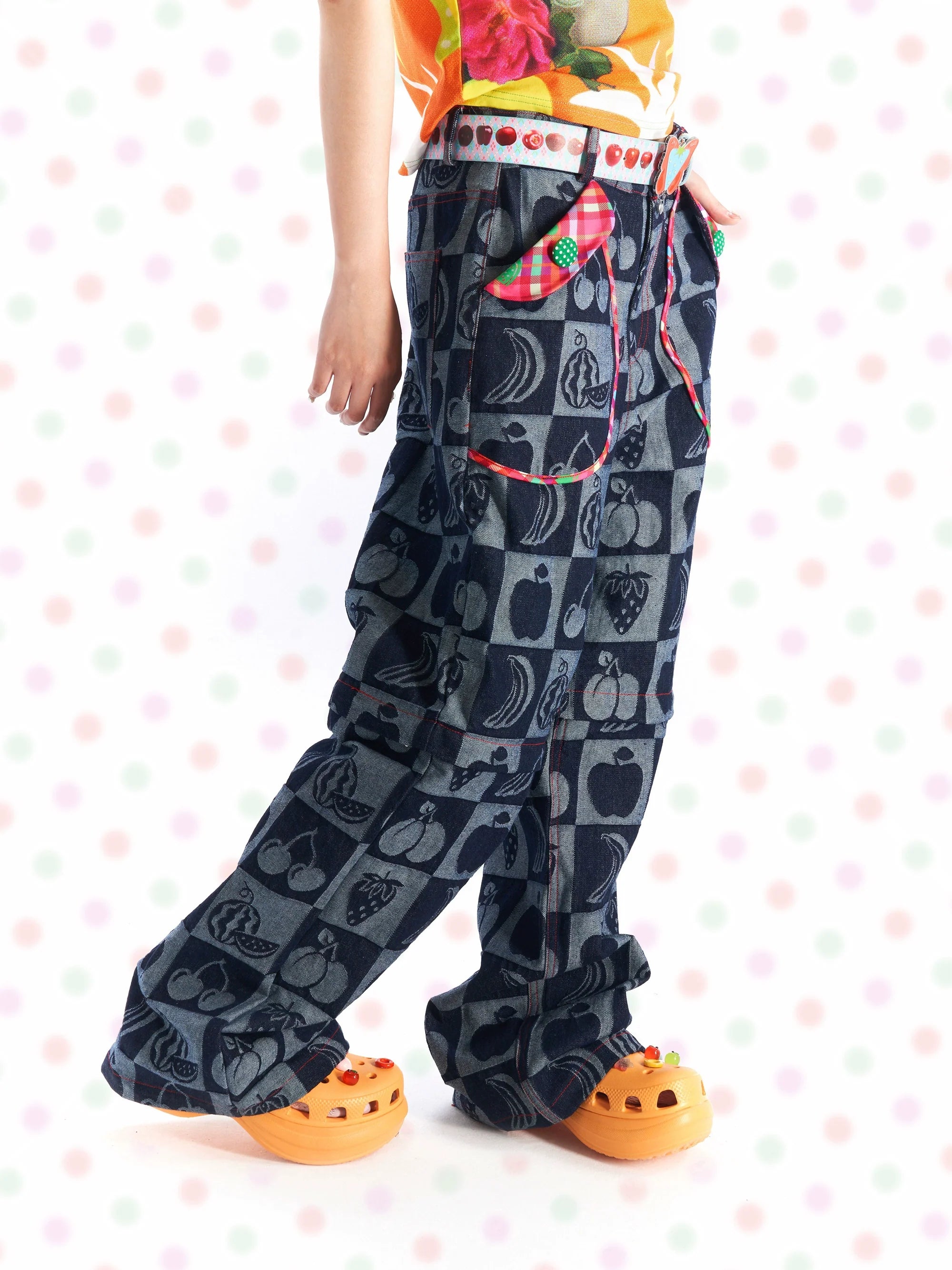 Checkered Fruit Print Denim Wide Pants