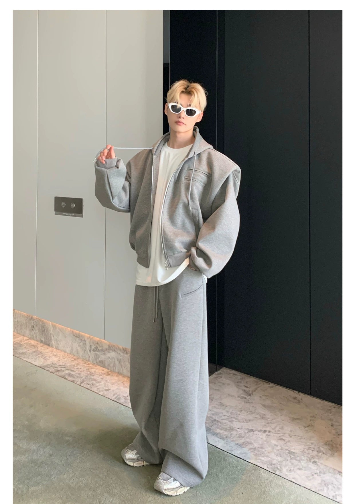 Shoulder-Padded Hoodie Jacket with Straight-Leg Pants Two-Piece Set