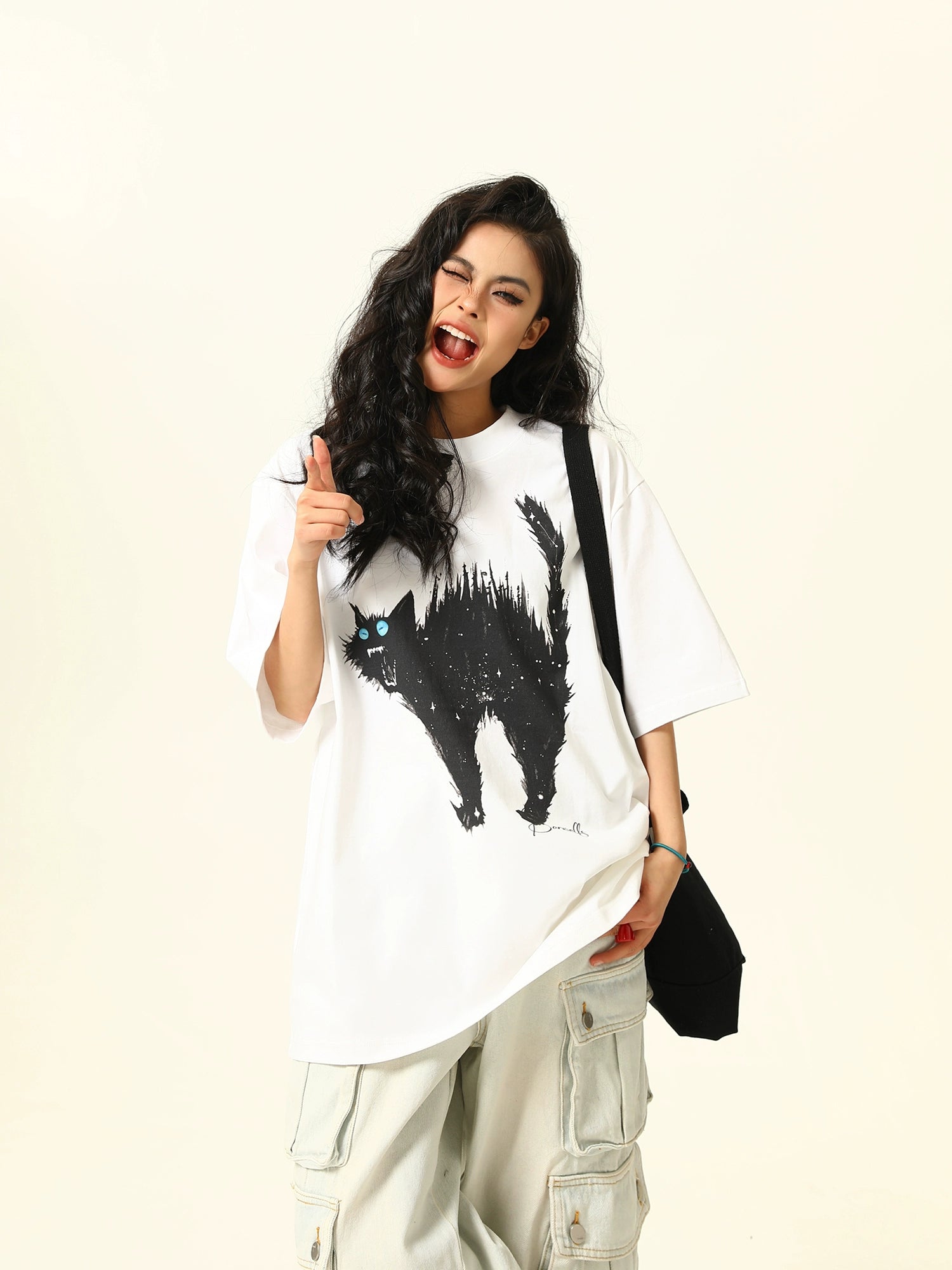 Oversized Tee with Cat Graphic