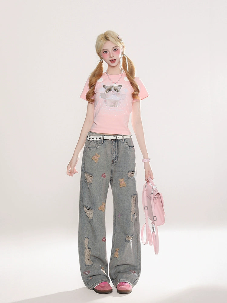 Distressed Teddy Bear Wide Leg Jeans