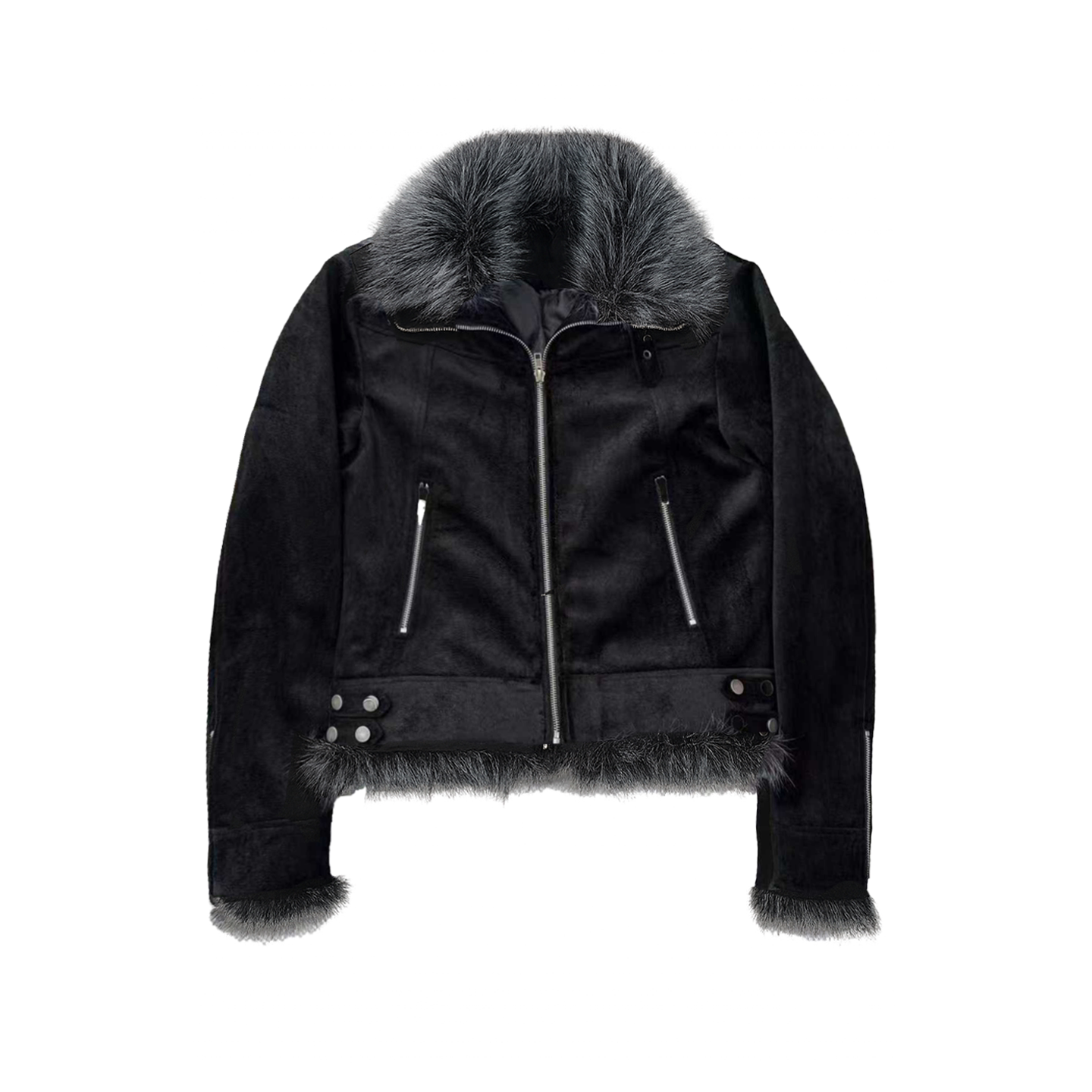 Short Fox Fur Collar Winter Moto Jacket