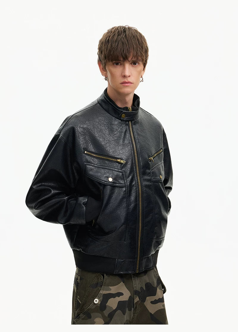 Retro Moto Zip Faux‑Leather Jacket