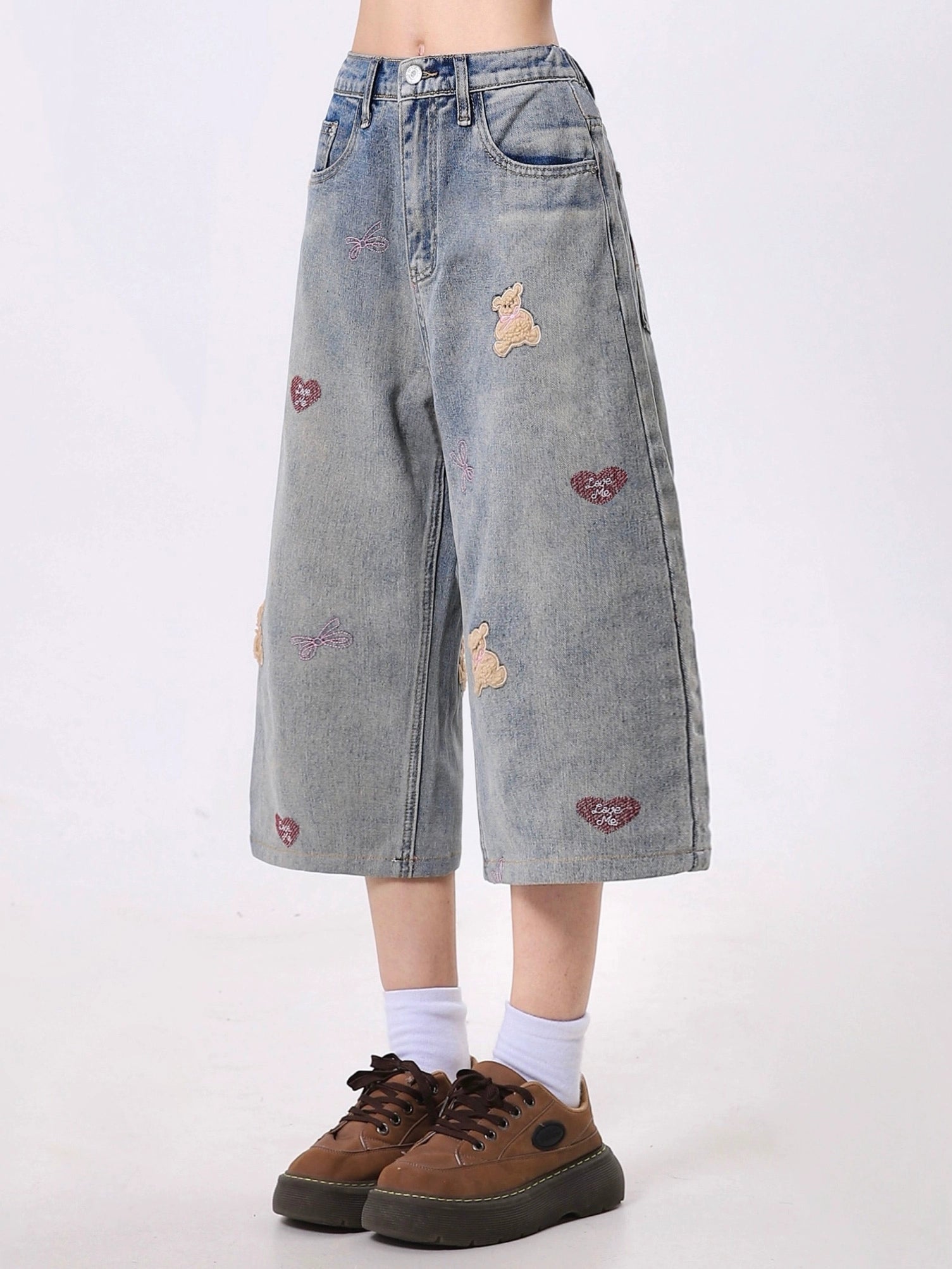 Teddy Bear and Heart Print Culottes